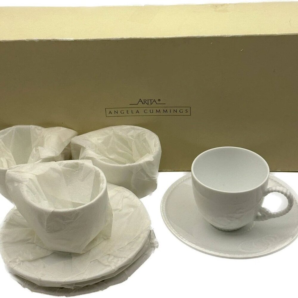 New Set of 4 Vtg Angela Cummings ARITA White Demi Cups Saucers ROPE Box Espresso